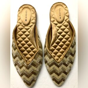 Birdies The Swan Beaded Tointy Toe Slides 7.5 Champagne Chevron Slip -On Flats